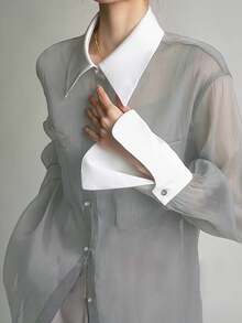 Color Block Collar Office Solid Color Polyester Long Sleeve Shirt Spring - Light Grey - View 2