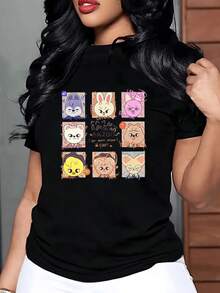 Nueve adorables rostros de animales caricaturescos que transmiten alegría  y ternura en colores suaves y trazos divertidos camiseta de mujer casual cómoda 220g suave y moderna para uso diario - Negro - Ver 1