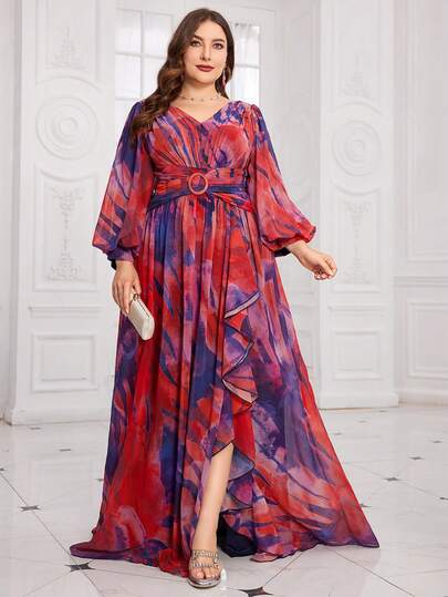 SUPGIR [Random Floral Watercolor Print] V-Neck Chiffon Lantern Sleeve Pleated Waist Decor Button Ruffle Hem Maxi Dress
