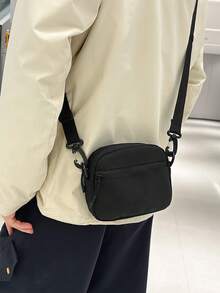防水尼龙布黑色小方包，轻便多功能斜挎包，休闲简约 - 黑色 - 查看 1