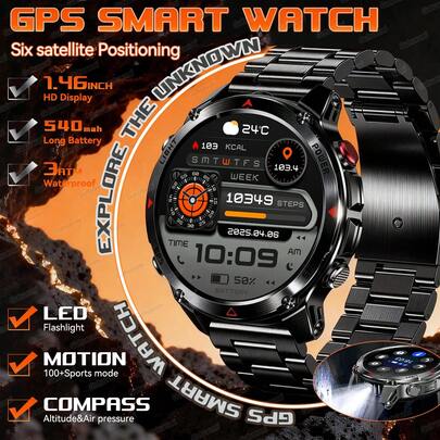 KENPANG Đồng hồ thông minh thể thao GPS ngoài trời mới 2026 dành cho nam giới, định vị GPS+Beidou, màn hình AMOLED HD 1.46 inch, có chức năng gọi Bluetooth, trợ lý giọng nói, nhắc nhở, chống nước 3ATM, đèn pin LED, hơn 100 chế độ thể thao, đo độ cao/áp suất khí quyển/la bàn, pin 540mAh, theo dõi sức khỏe và thể dục, tương thích với hệ điều hành iOS & Android.