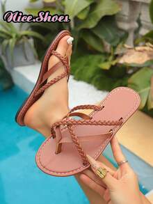 女士编织带交叉平底凉鞋，休闲沙滩拖鞋，舒适轻便人字拖，黑色、棕色、巧克力棕色、银色 - 棕色 - 查看 2