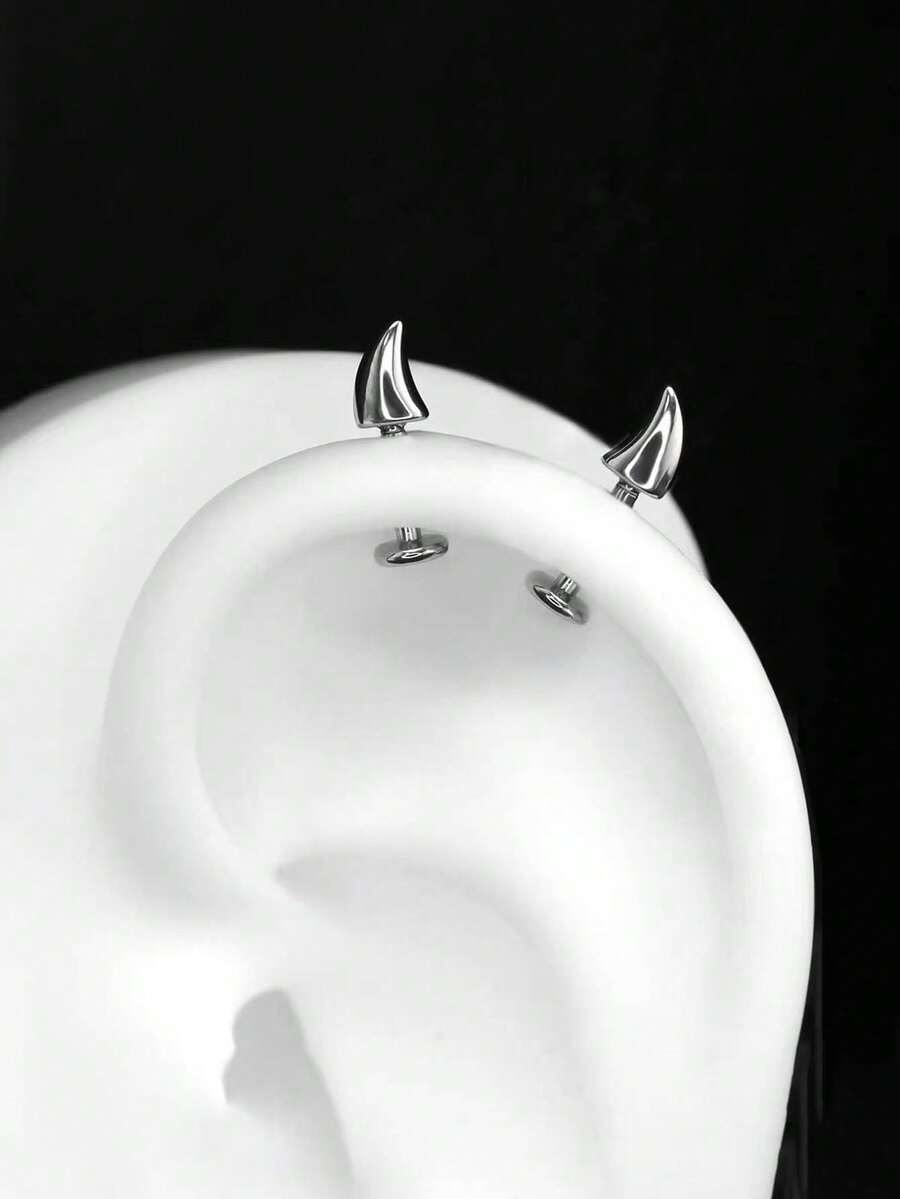 2PCS Devil Horns Earring Helix Piercing Ear Piercing Stainless Steel Ear Stud Cartilage Conch Body Piercing - Silver - View 1