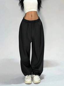 Women's High Waisted Oversized Wide Leg Sweatpants - Elastic Waistband, Side Pockets, Relaxed Fit, Breathable Fabric | Flattering For Every Body Type | Ideal For Transitional Spring Weather, Lazy Days, Coffee Runs, Weekend Errands, Casual & Lounge Outfits (Spring & Summer Style) - 黑色 - 查看 2