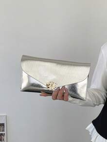 Bolso de mano de lujo tipo sobre de primavera 2026, minimalista y versátil con hebilla de metal, elegante bolso de fiesta de moda, bolso de mujer de gran capacidad y unicolor - Plateado - Ver 4