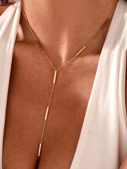 1pc 18K Gold Stainless Steel Minimalist Y-Shape Tassel Necklace With Bead & Bar Pendant, Elegant & Fashionable Daily Wear Jewelry For Women