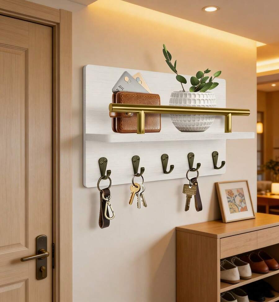 Key Holder For Wall House Decor Mail Organizer Wall Mounted With Shelf & 5 Sturdy Hooks For Hanging Dog Leash, Hats, Glasses, Rustic Wooden Key Rack For Apartment Essentials Room Decor - Trắng (Răng) - Xem 1