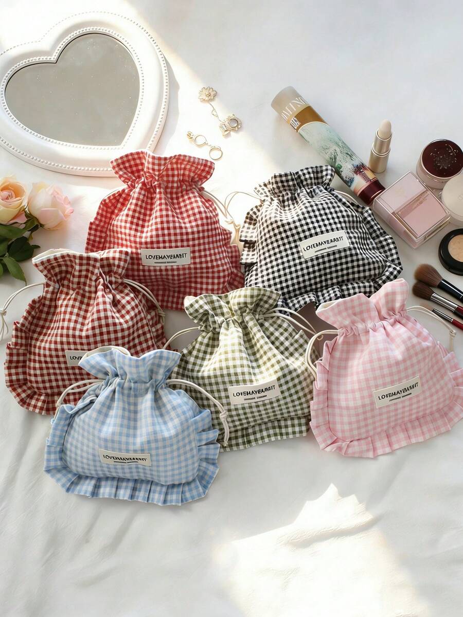 1个韩版可爱荷叶边束口袋复古格纹抽绳包便携大容量收纳整理防尘袋抽绳化妆包布艺多功能收纳袋化妆包旅行化妆包化妆袋女孩化妆收纳包洗漱包旅行整理化妆包妈妈礼物、返校礼物、新年礼物、情人节礼物旅行必备邮轮必备度假必备 - 彩色 - 查看 1