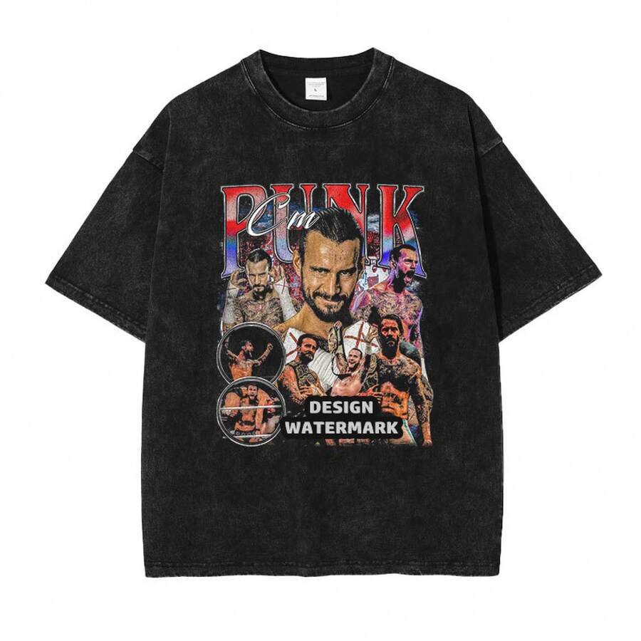 Nueva y popular camiseta de moda de CM Punk, con estampado lavado y desgastado, estilo retro americano. Camiseta de manga corta de CM Punk, corte holgado, ropa de verano para hombre.