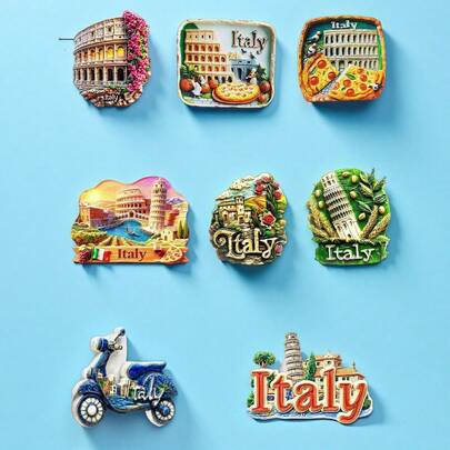 1pc Italy-Inspired 3D Fridge Magnet, Featuring Classic Landmarks Like Colosseum And Leaning Tower Of Pisa, Blended With Pizza, Vespa, And Tuscan Countryside Elements, Detailed 3D Embossed Texture, Resin Material, Each With "Italy" Marking, Ideal Travel Souvenir And Home Decor, Magnetic Attachment Won't Damage Walls, Suitable For Collection And Gifting