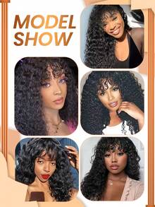 Water Wave Human Hair Wig With Bangs Machine Made Wigs Virgin Brazilian Hair Curly Wig Wear And Go Glueless Wig For Women 180% Density - Natural Black - View 7