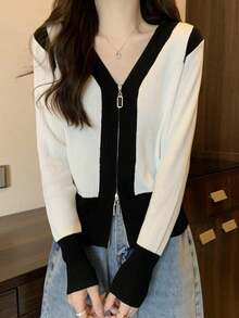 女性用上着、ファッションウエア、快適、デザイン性、おしゃれなオープンカーディガン、韓国風、スリム効果、カラーバッチング、新鮮、レディース、流行モデル、スタイリッシュ、春・秋用上着オープンカーディガン - ホワイト - チェックする 3