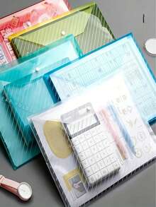 10pcs/Pack Random Color A4 Transparent Waterproof Button File Folders, Large Capacity Office Data Bags, Student Learning Supplies, Cute Stationery - Multiple Styles - View 5