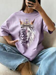 Áo thun nữ mùa hè mới, kiểu dáng rộng rãi, in khẩu hiệu, cổ tròn, tay ngắn, thích hợp mặc hàng ngày và đi nghỉ mát. - Màu tím hoa cà - Xem 7