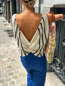 Live To Mo Women's Summer Striped Knotted Back Deep V Elegance Knit Top, Perfect For Vacation And Daily Wear - Apricot - View 4