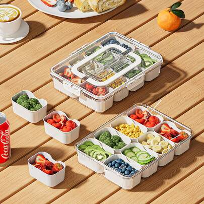 1pc Divided Meal Plate With Lid And Handle, Container, Compartment Bento Box, Food Storage And Organization Set, 8-Compartment Portable Lunch Box, Spice Jars, Food Preservation Containers, Leak-Proof And Reusable, Ideal For Organizing Fruits, Snacks And Vegetables In The Kitchen