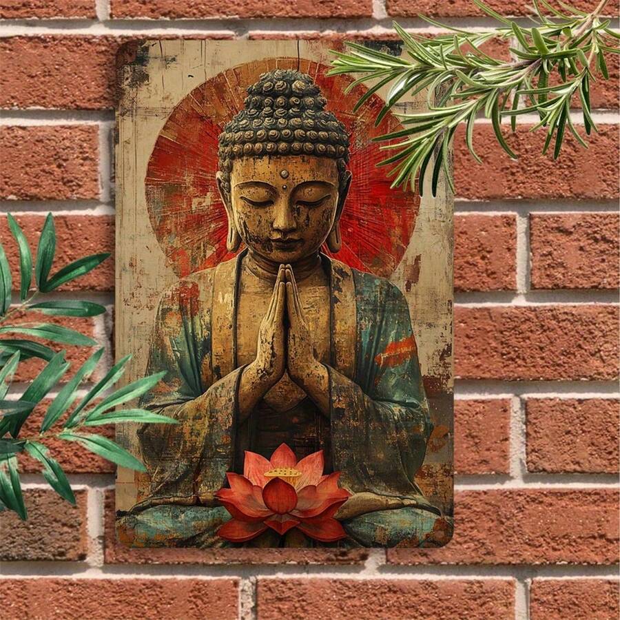 1 pieza Decoración de pared de metal vintage de Buda - Placa de hierro de 8x12 pulgadas con loto, decoración de meditación pacífica para el hogar, oficina, club y cafetería, fácil de instalar, decoración del hogar zen - Multicolor - Ver 1