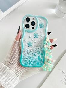Cream Wavy Edge Glossy Oil Seawave Sea Turtle Painted Anti-Drop Phone Case With Handmade Beaded Bracelet, Suitable For IPhone XR/7/8, 15 Pro Max, 13, 14, 11, Soft Case, Suitable For Galaxy S24, Galaxy S24+, Galaxy S24 Ultra, Galaxy S22, Galaxy A13 4G, Galaxy A52, A52s 5G, Galaxy A23, Galaxy A35, Galaxy A25, Galaxy A73, Note 11, 11 Lite - Multicolor - View 3