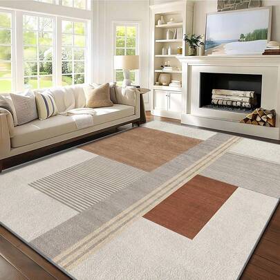 1pc Modern Minimalist Style Beige Geometric Patchwork Pattern Rug. Velvet Material Weighs Approx. 850g, Thickness Approx. 0.6cm. The Rug Is Wear-Resistant, Anti-Slip, And Easy To Clean. Available In Multiple Sizes. Suitable For Kitchen/Living Room/Dining Room/Bedroom/Balcony/Bathroom/Study. An Ideal Choice For Home Decor.