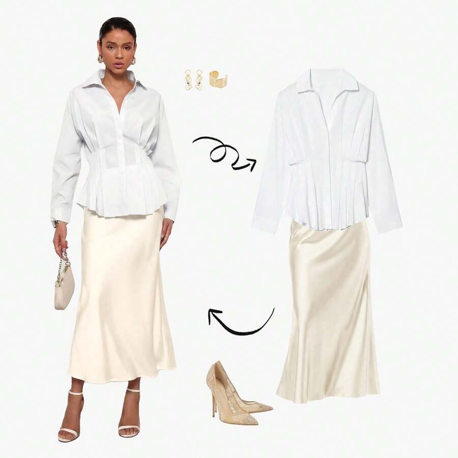 YROOE 女士春夏褶皱真丝混纺修身长袖衬衫 - 白色 - 查看 1