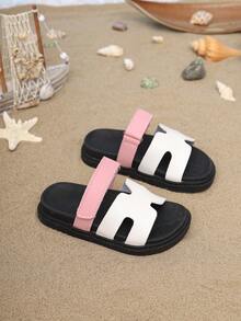 1 Pair Summer Kids Flat Thick Sole Slide Sandals, Fashion Versatile Hook And Loop Design Slip-On Girls Slippers, Suitable For Outdoor, Party, Beach - Pink - View 6