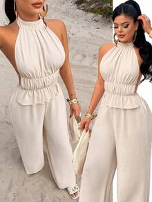 AIJ Amarilo Women's Elegant Casual Spaghetti Strap Pleated Camisole Top And Wide Leg Pants 2-Piece Set, Non-Stretch Fabric Summer - Apricot - View 7