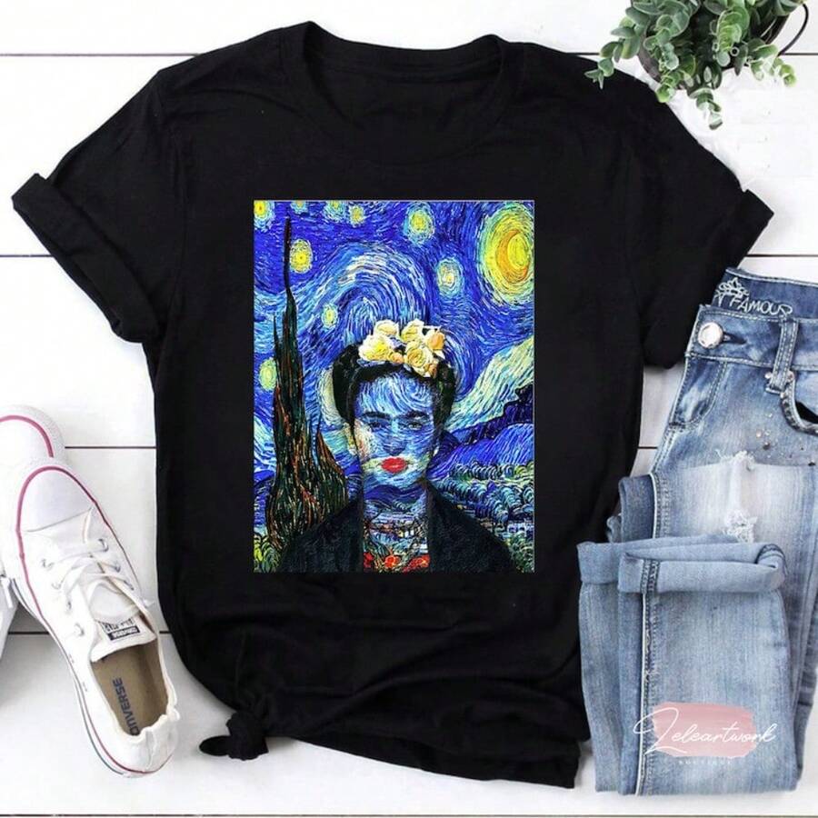 Ridasa Ahlosa Vincent Van Gogh T-Shirt, Ridasa Ahlosa Shirt, Vansa Oghsa Shirt, Funnysa Fridas Kahlos Shirt, Thes Starrys Nights Shirt - 黑色 - 查看 1