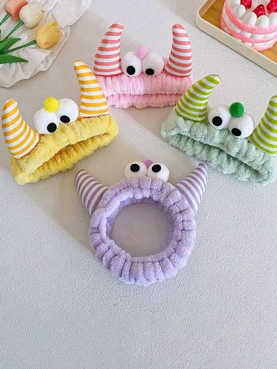 1 pieza Diadema con rayas de cuerno, diadema de baño, diadema linda, diadema de maquillaje facial de poliéster creativa, muñequera de felpa coral para uso en el baño, adecuada para lavarse la cara/sudar, diadema impermeable, adecuada para cuidado de la piel, yoga, deportes, accesorios para el cabello de fiesta de chicas - Multicolor - Ver 1
