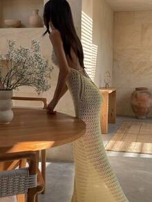 Yuwenier Elegant Sexy Hollow Out Sheer Knit Spaghetti Strap Dress, Criss-Cross Back, Fitted Side Slit, Summer Beach Holiday Crochet Dress - Apricot - View 6