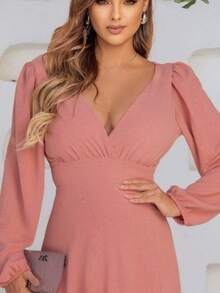 Long Rose-Colored Party Dress With Wrap Neckline And Long Sleeves - Helena NM Nana Marie - 乾枯玫瑰色 - 查看 3