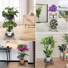 Soporte de esquina de metal para interiores - Soporte de 2 niveles de altura para macetas para exteriores soporte de hierro a prueba de óxido estante de soporte redondo para plantas - negro - Ver 6