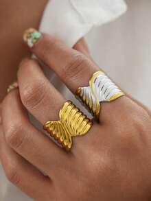 Frminee 2枚/1枚 粗款女士18K镀金不锈钢戒指，个性戒指饰品，防水可叠戴戒指 - 彩色 - 查看 4