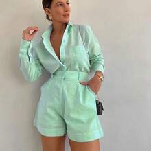 European And American Women's Clothing, New, Casual Short Trousers, Long-Sleeved Shirt Set.,Conjunto De Mujeres Elegantes - màu xanh da trời - Xem 1