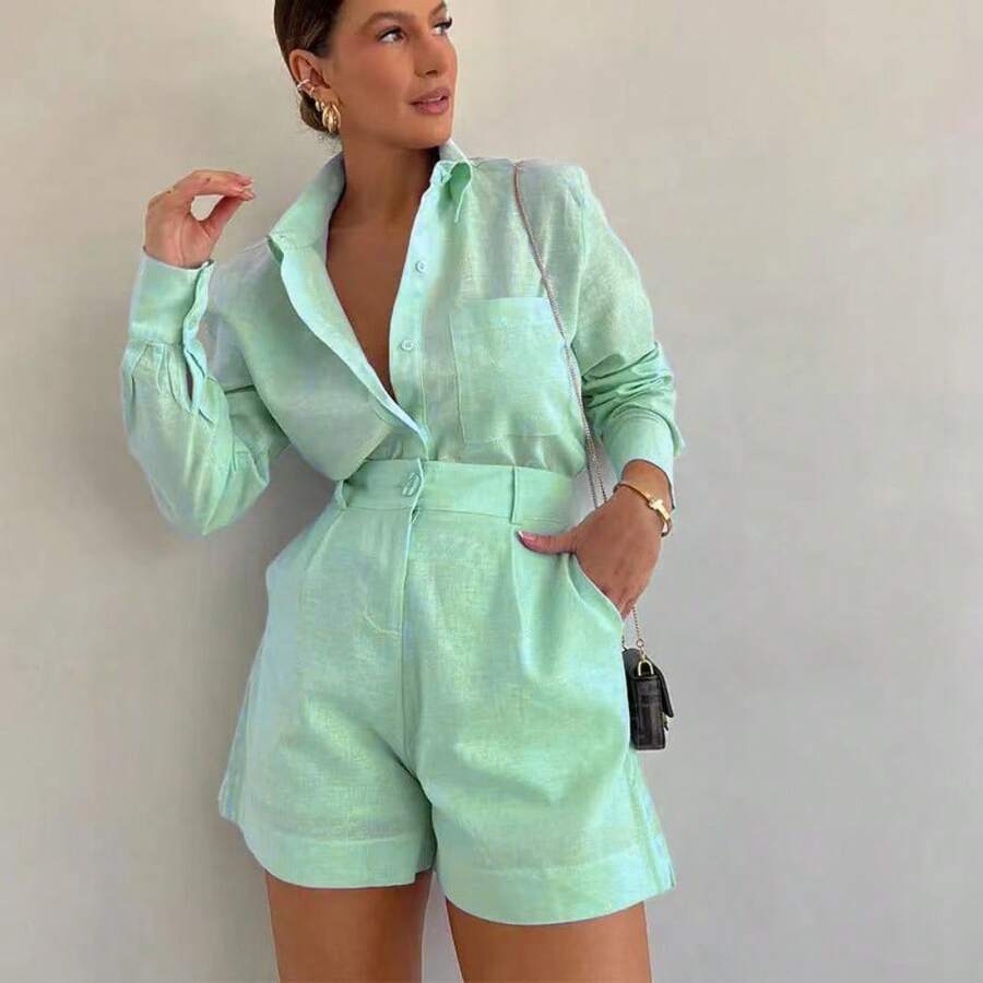 European And American Women's Clothing, New, Casual Short Trousers, Long-Sleeved Shirt Set.,Conjunto De Mujeres Elegantes - màu xanh da trời - Xem 1