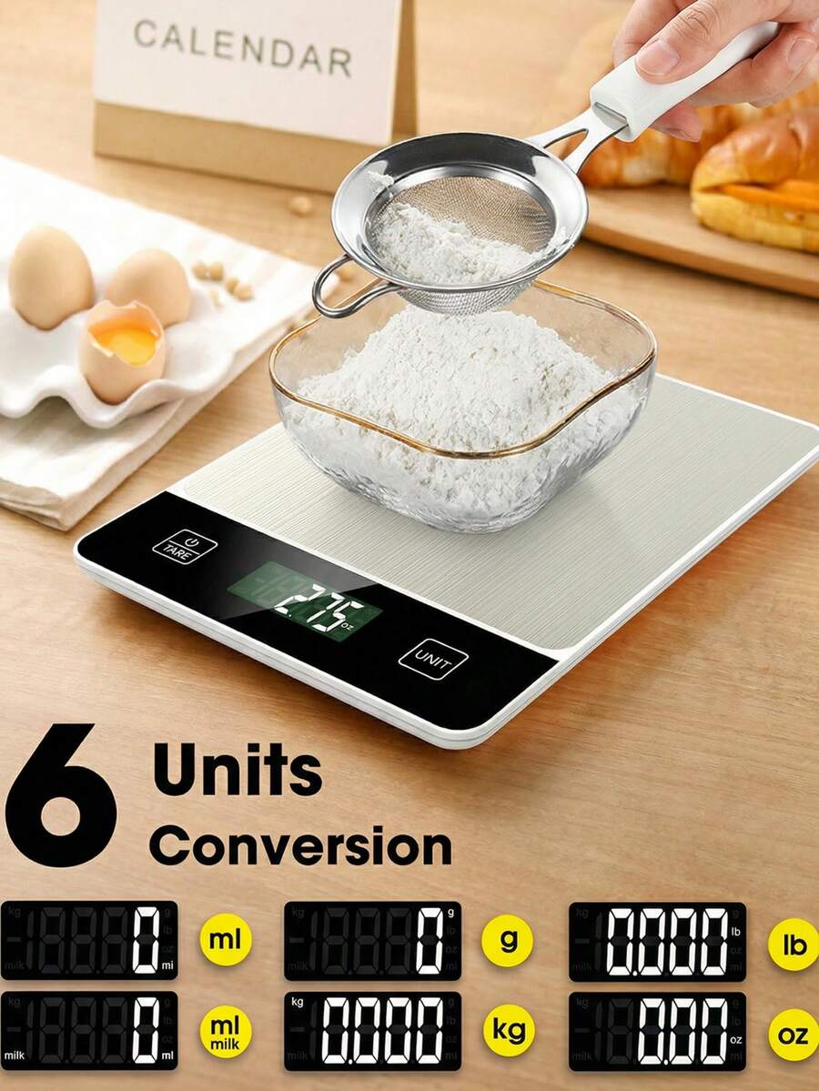 10公斤/22磅电子食物秤 - 1克/0.04盎司精确刻度厨房秤，适用于烘焙和烹饪，不锈钢材质，带去皮功能。需使用2节AAA电池（不包含在内）。