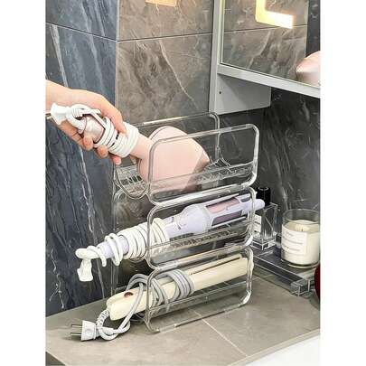 一体式透明亚克力桌面收纳盒，适用于浴室梳妆台，可放置吹风机、卷发棒和美容工具