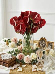 10/5 Pcs Artificial Anthurium Lily Flowers (Red), For Wedding, Office, Party, Hotel, Home Table Deco - Burgundy - View 7