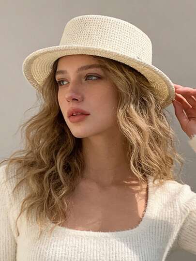 1顶涤纶草帽，百搭平沿软呢帽，复古英伦简约优雅遮阳帽，适合日常及户外使用