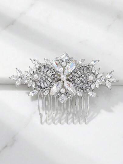1pc Elegant Rhinestone & Faux Pearl Decor Floral Hair Comb, Vintage Bridal Hair Accessory For Wedding Party,Sparkly Rhinestone Floral Hair Comb Bridal Headpiece For Wedding Banquet Prom Bride Bridesmaid