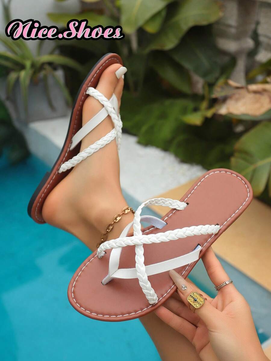女士新款时尚休闲日常穿着扁平编织带交叉系带罗马风格沙滩凉鞋，轻便舒适的一脚蹬人字凉鞋，颜色有金色、黑色、棕色、巧克力棕色、银色