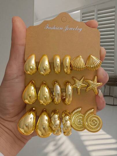 6-18pcs New Stylish Lightweight Starfish/Seashell/Conch/Smooth Water Drop/Braided/Smooth C-Shape Multi-Element Fashion Jewelry CCB Earrings For Women, Summer Set, Travel, Vacation, Best Gift For Couple, Mother