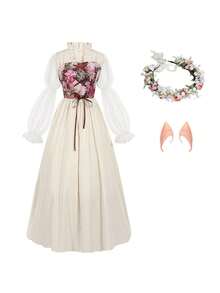 Robe longue style cour médiévale vintage avec ceinture, costume de scène - Robe corset blanche de style cour avec couronne de fleurs et oreilles d'elfe - Voir 8