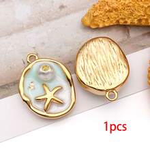 1件金色不锈钢海洋动物吊坠，天然贝壳镶嵌，包含贝壳螃蟹、海星等吊坠，可用于制作项链、手链、耳环，打造海洋主题珠宝，亦可作为DIY礼物。 - 彩色 - 查看 17