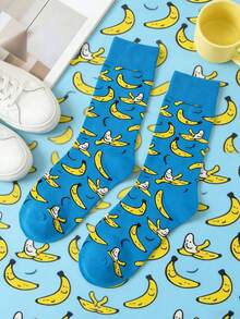 1双男女通用趣味香蕉印花中筒袜，水果图案透气吸湿袜，适合春夏穿着 - 彩色 - 查看 3