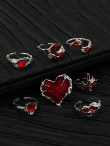 8 pezzi Set di anelli da donna in stile punk con cuore a goccia rossa, strass a forma di ragno e luna crescente con cuore e strass - Argento - Visualizzare 2