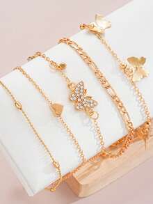 Set de 4 piezas de tobillera con cuentas con diseño de mariposa y cadenas en forma de corazón, adecuado para uso diario, vacaciones, fiestas, regalo para amigas y novias - Amarillo Oro - Ver 2