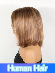 8 Inch Right-Side Part Brown Ombre Bleach Blonde Straight Bob Wigs Brazilian Virgin Human Hair 150% Density Right-Side Part Bob Wig With Highlights Golden Brown Mixed Blonde Machine Made Short Bob Glueless Wigs - S4/27 - View 3