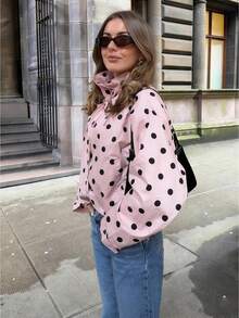 Women's Casual Polka Dot Long Sleeve Loose Jacket, Fashion Stand Collar Button Front Coat Spring - 粉色 - 查看 2