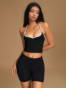VVX Áo tank top crop cổ tim phối màu cho nữ, dây mảnh, hở lưng gợi cảm, thích hợp tập luyện yoga, thể thao, phong cách Y2K, không đường may, chất liệu gân, mềm mại, thoải mái, phù hợp mặc hàng ngày ở phòng tập, mọi mùa. - màu đen - Xem 5