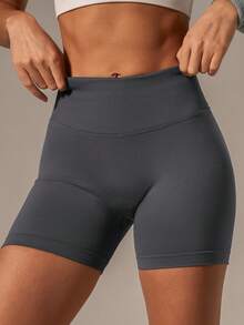 NcmRyu Women's Ono Pc Ribbed Solid Color High Waist Elastic Slim Fit Sports Shorts - Xám - Xem 3